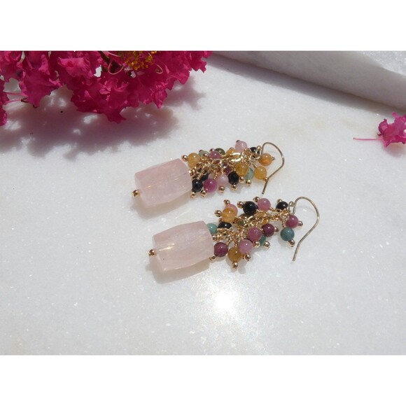 Bubble Gum Rose Quartz-Watermelon Tourmaline Gold Beaded Earrings FUN Pink - Picture 4 of 6